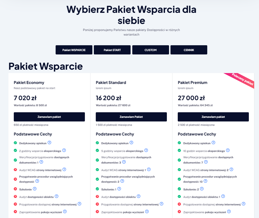 Opcje pakietów cenowych - fragment strony